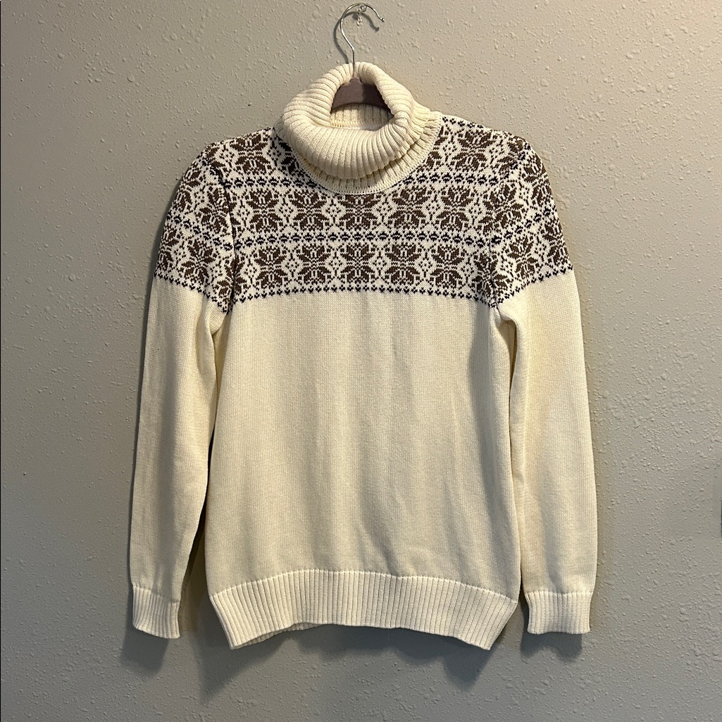 Vintage Breckenridge Cream And Brown Fair Isle Turtleneck Sweater